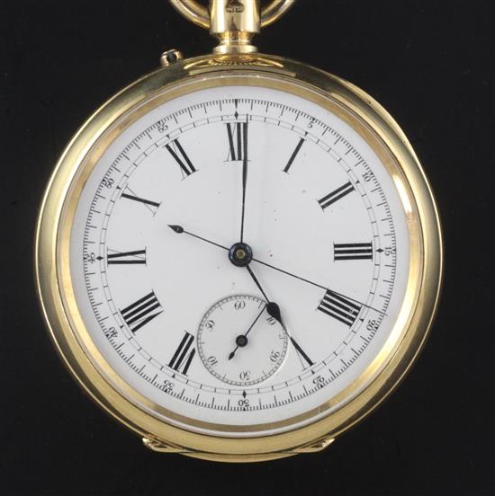 A Victorian 18ct open face keyless chronograph pocket watch, in fitted case.